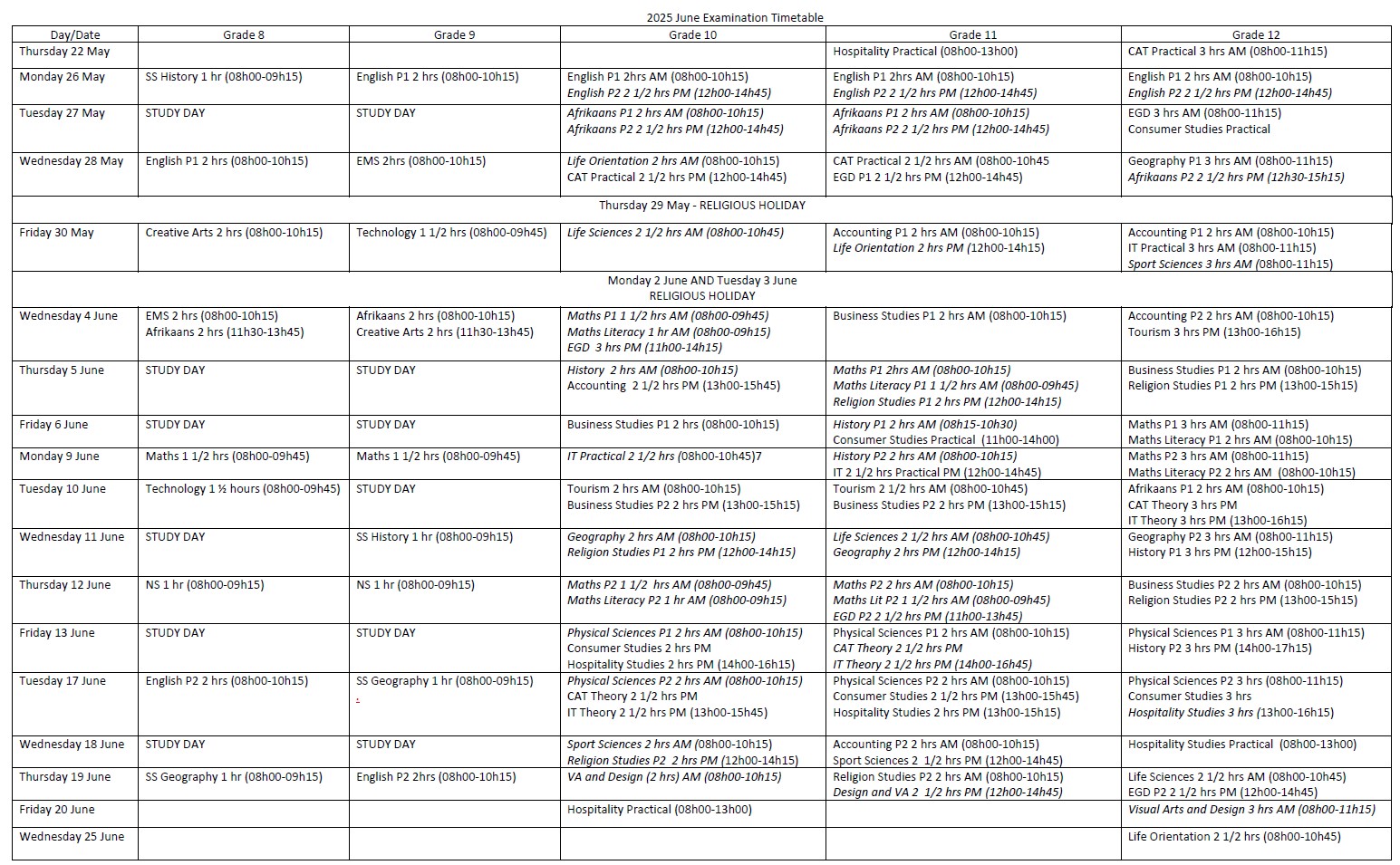 June 2025 Examination Timetable